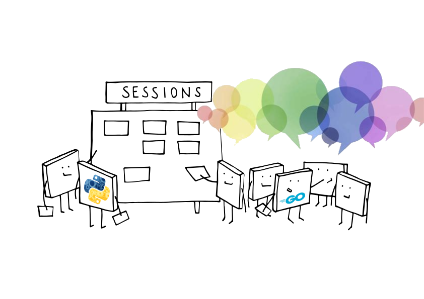 Des personnages aux formes simplifiées, discutent devant un tableau à post-it. Des philactères colorés pulullent au dessus du groupe.