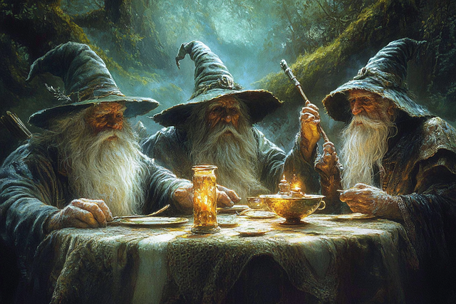 Trois barbus autour d'une table ronde