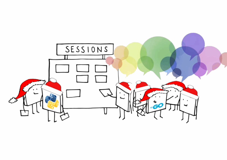 des personnages en forme de touche de clavier qui discutent devant un tableau à post-it