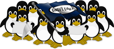 Un groupe de manchots dans le style de la mascotte Tux. Le manchot le plus en avant brandit un drapeau "GNU/Linux".