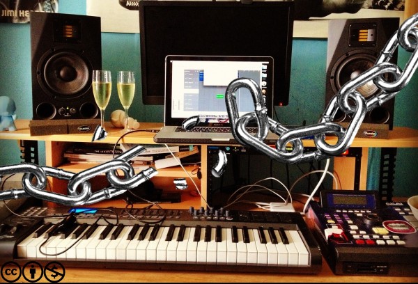 recording studio music equipment with broken chain on the front