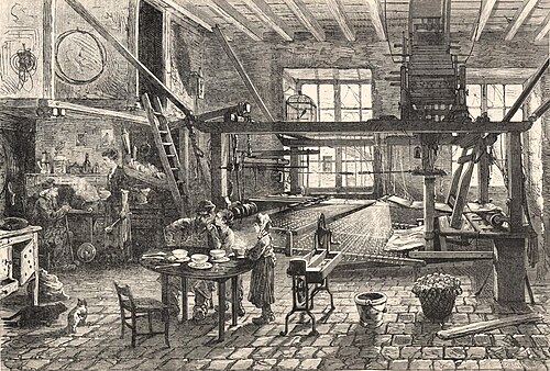 Intérieur d'un atelier de tisseur de soie à Lyon au début du 19ᵉ siècle